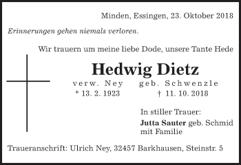 Traueranzeige von Hedwig Dietz von Schwäbische Post