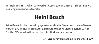 Traueranzeige von Heini Bosch von Schwäbische Post