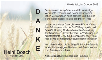 Traueranzeige von Heini Bosch von Schwäbische Post