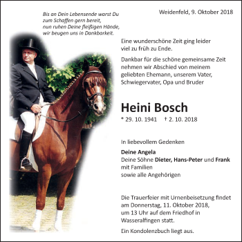 Traueranzeige von Heini Bosch von Schwäbische Post