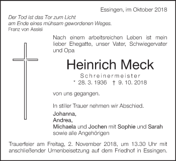 Traueranzeige von Heinrich Meck von Schwäbische Post