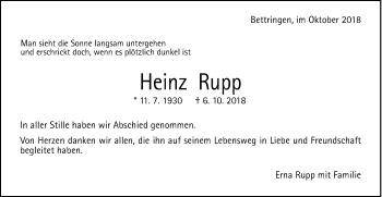 Traueranzeige von Heinz Rupp von Gmünder Tagespost