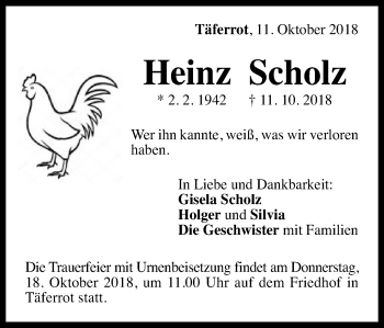 Traueranzeige von Heinz Scholz von Gmünder Tagespost