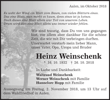 Traueranzeige von Heinz Weinschenk von Schwäbische Post