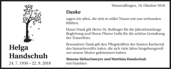 Traueranzeige von Helga Handschuh von Schwäbische Post