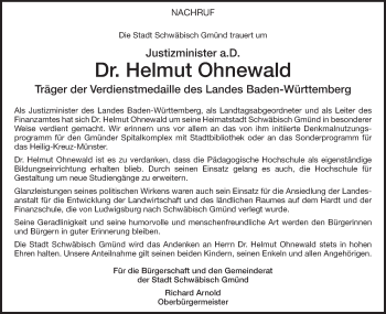 Traueranzeige von Helmut Ohnewald von Gmünder Tagespost