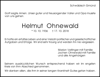 Traueranzeige von Helmut Ohnewald von Gmünder Tagespost
