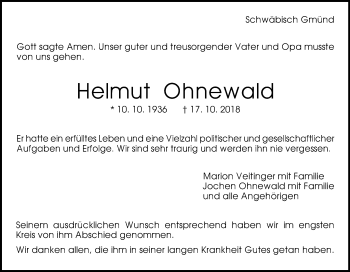 Traueranzeige von Helmut Ohnewald