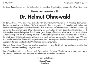 Traueranzeige von Hemut Ohnewald von Schwäbische Post
