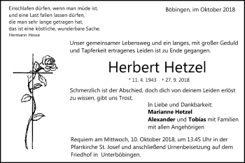 Traueranzeige von Herbert Hetzel von Gmünder Tagespost