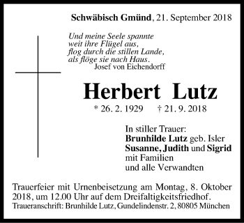 Traueranzeige von Herbert Lutz von Gmünder Tagespost