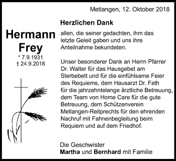 Traueranzeige von Hermann Frey von Gmünder Tagespost