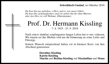 Traueranzeige von Hermann Kissling von Gmünder Tagespost