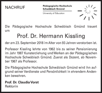 Traueranzeige von Hermann Kissling von Gmünder Tagespost