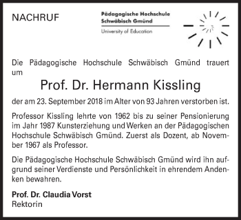 Traueranzeige von Hermann Kissling