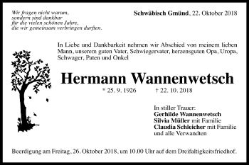 Traueranzeige von Hermann Wannenwetsch von Gmünder Tagespost