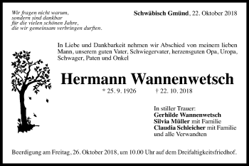 Traueranzeige von Hermann Wannenwetsch