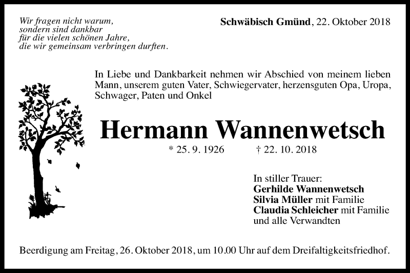  Traueranzeige für Hermann Wannenwetsch vom 24.10.2018 aus Gmünder Tagespost