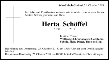 Traueranzeige von Herta Schöffel von Gmünder Tagespost