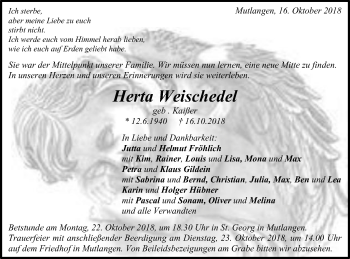 Traueranzeige von Herta Weischedel von Gmünder Tagespost