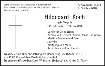 Traueranzeige von Hildegard Koch von Gmünder Tagespost