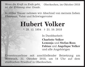 Traueranzeige von Hubert Volker von Schwäbische Post