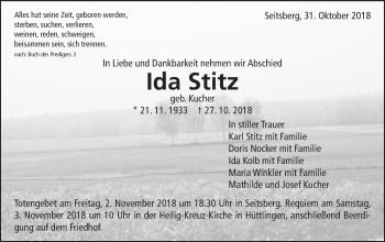Traueranzeige von Ida Stitz von Schwäbische Post