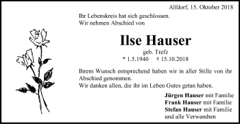 Traueranzeige von Ilse Hauser von Gmünder Tagespost