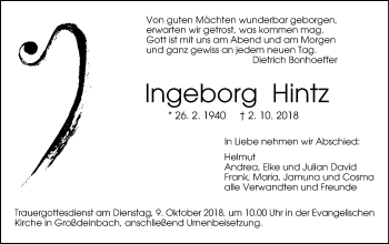 Traueranzeige von Ingeborg Hintz von Gmünder Tagespost