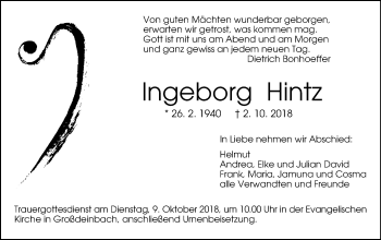 Traueranzeige von Ingeborg Hintz