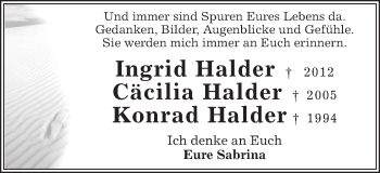 Traueranzeige von Ingrid und Cäcilia und Konrad Halder von Schwäbische Post