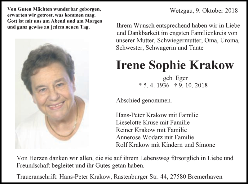  Traueranzeige für Irene Sophie Krakow vom 20.10.2018 aus Gmünder Tagespost