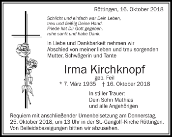 Traueranzeige von Irma Kirchknopf von Schwäbische Post