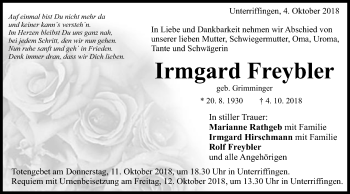 Traueranzeige von Irmgard Freybler von Schwäbische Post