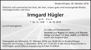 Traueranzeige von Irmgard Hügler von Schwäbische Post