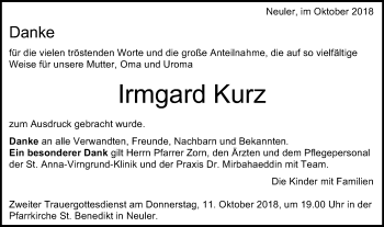Traueranzeige von Irmgard Kurz von Schwäbische Post