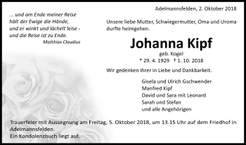 Traueranzeige von Johanna Kipf von Schwäbische Post