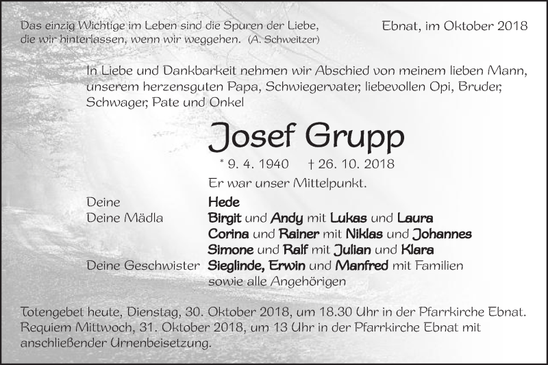 Traueranzeige für Josef Grupp vom 30.10.2018 aus Schwäbische Post