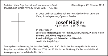 Traueranzeige von Josef Hügler von Schwäbische Post