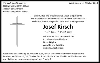 Traueranzeige von Josef Kirsch von Schwäbische Post