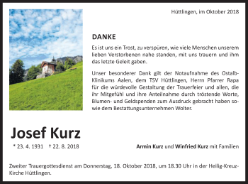 Traueranzeige von Josef Kurz von Schwäbische Post