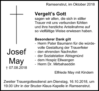 Traueranzeige von Josef May von Schwäbische Post