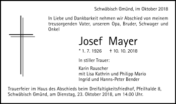Traueranzeige von Josef Mayer von Gmünder Tagespost