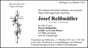 Traueranzeige von Josef Reißmüller von Gmünder Tagespost