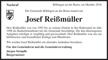 Traueranzeige von Josef Reißmüller von Gmünder Tagespost