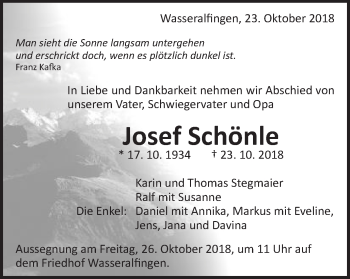 Traueranzeige von Josef Schönle von Schwäbische Post