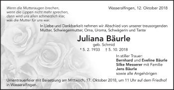 Traueranzeige von Juliana Bäuerle von Schwäbische Post