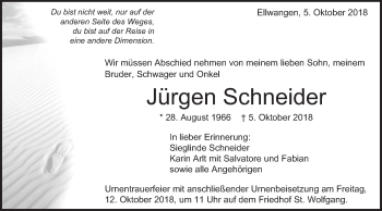 Traueranzeige von Jürgen Schneider von Schwäbische Post