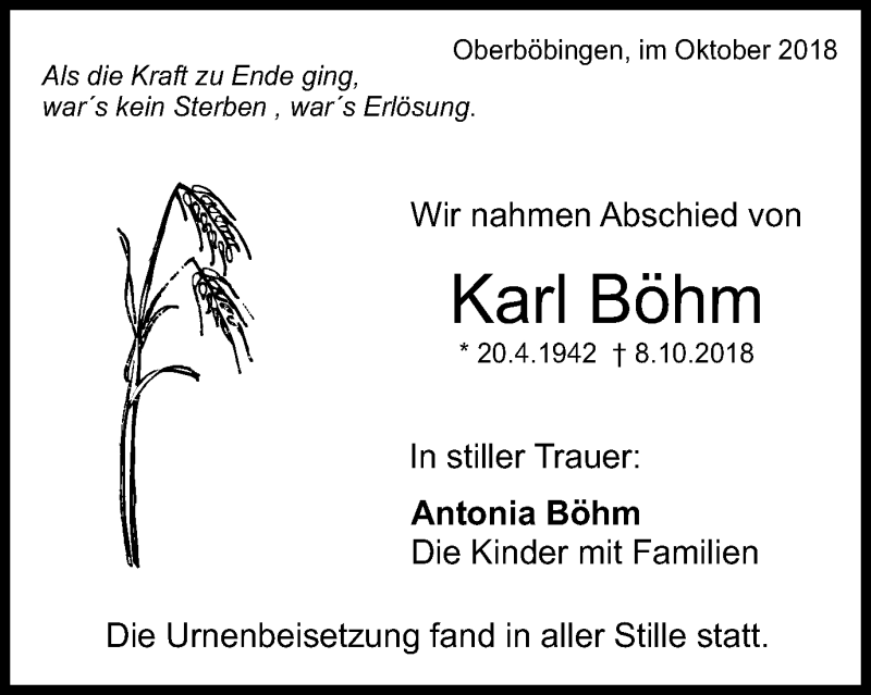  Traueranzeige für Karl Böhm vom 16.10.2018 aus Gmünder Tagespost