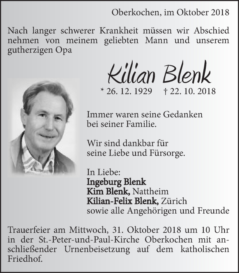  Traueranzeige für Kilian Blenk vom 26.10.2018 aus Amtsblatt_Oko